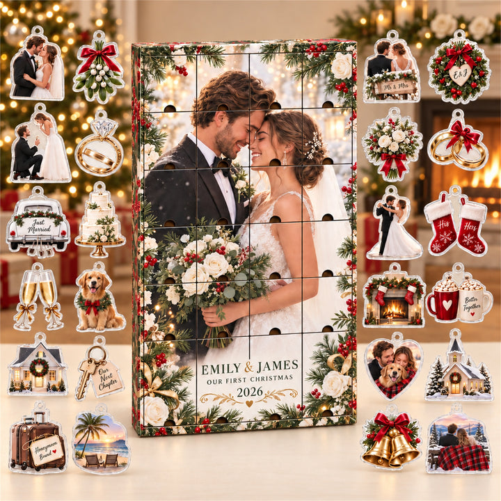 Personalized Newlywed Advent Calendar with 24 Custom Photo Acrylic Ornaments, Our First Christmas Married Gift, Wedding Keepsake for Couple