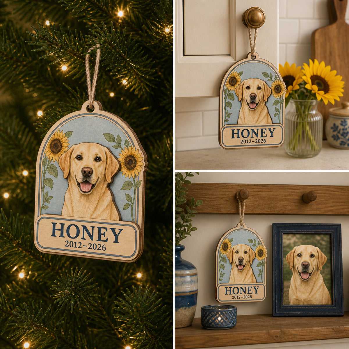 Personalized Sunflower Arch Pet Memorial Photo Wood Ornament - Custom Pet Keepsake - image 2