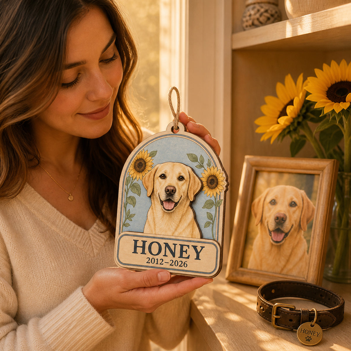 Personalized Sunflower Arch Pet Memorial Photo Wood Ornament - Custom Pet Keepsake - image 5
