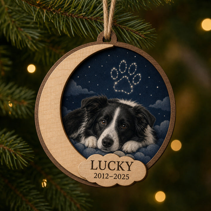 Personalized Celestial Goodnight Pet Memorial Photo Wood Ornament - Custom Pet Keepsake - image 1