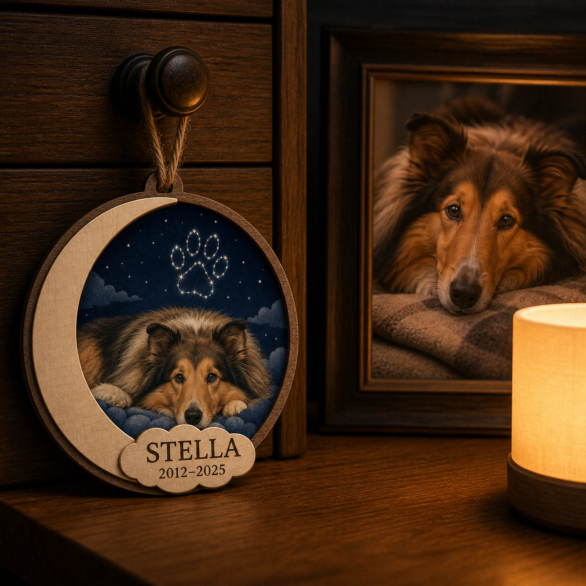 Personalized Celestial Goodnight Pet Memorial Photo Wood Ornament - Custom Pet Keepsake - image 3