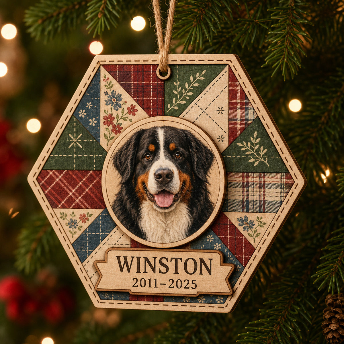 Personalized Memory Quilt Pet Memorial Photo Wood Ornament - Custom Pet Keepsake - image 1