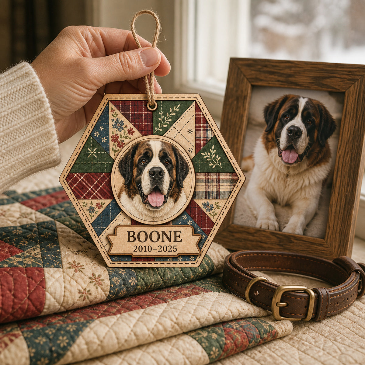 Personalized Memory Quilt Pet Memorial Photo Wood Ornament - Custom Pet Keepsake - image 4