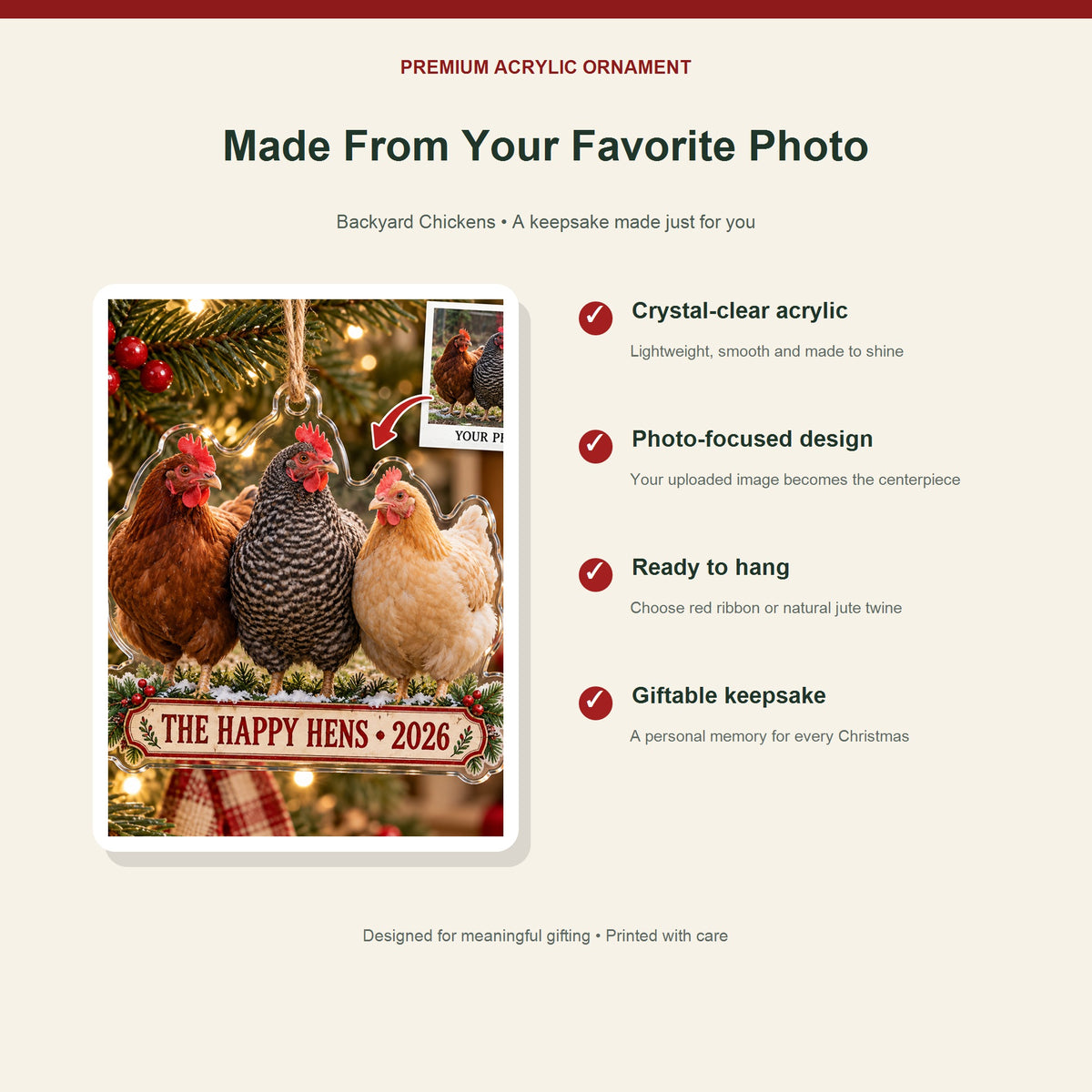 Personalized Backyard Chickens Acrylic Ornament - Custom Photo Keepsake - image 2