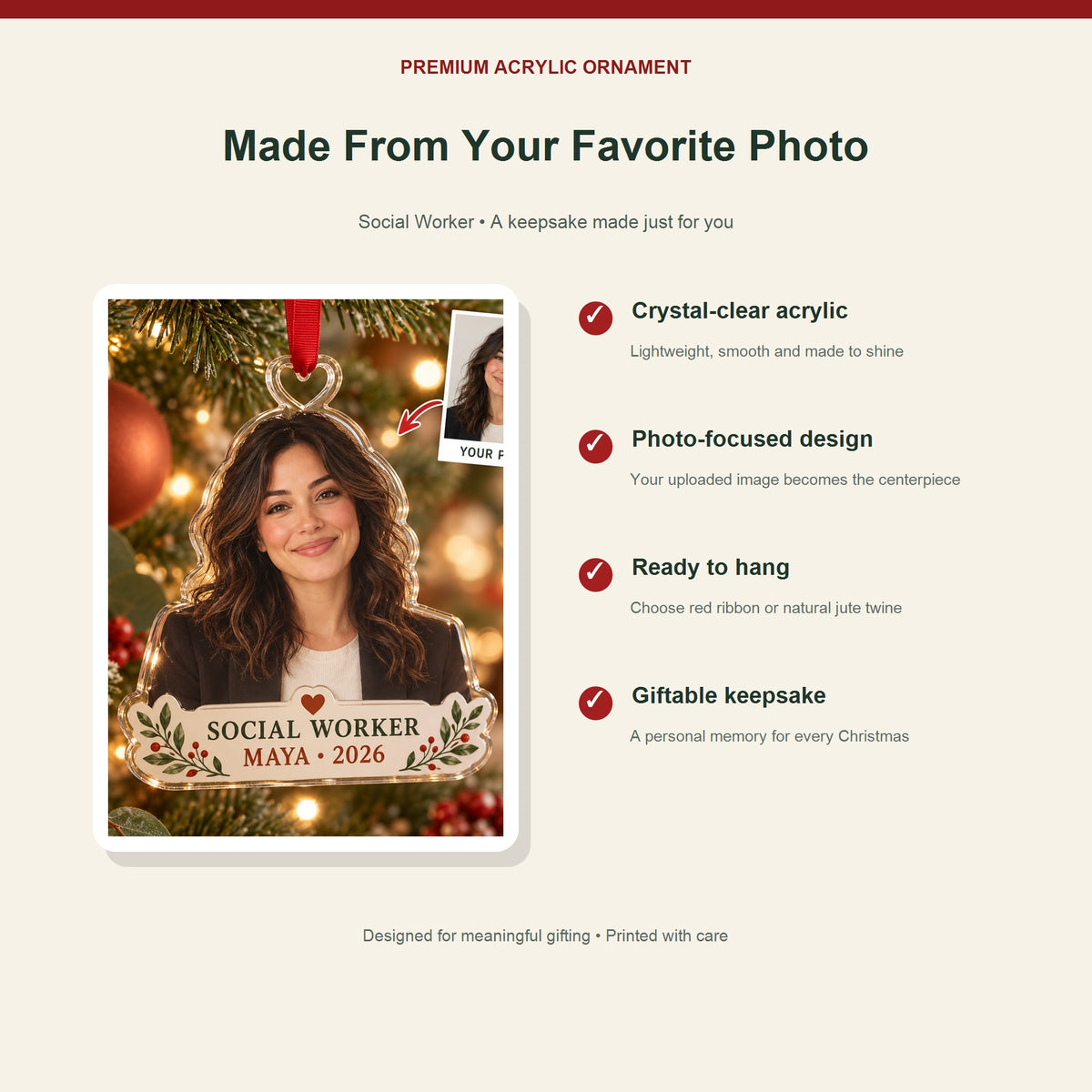 Personalized Social Worker Photo Acrylic Ornament - Custom Christmas Keepsake - image 2