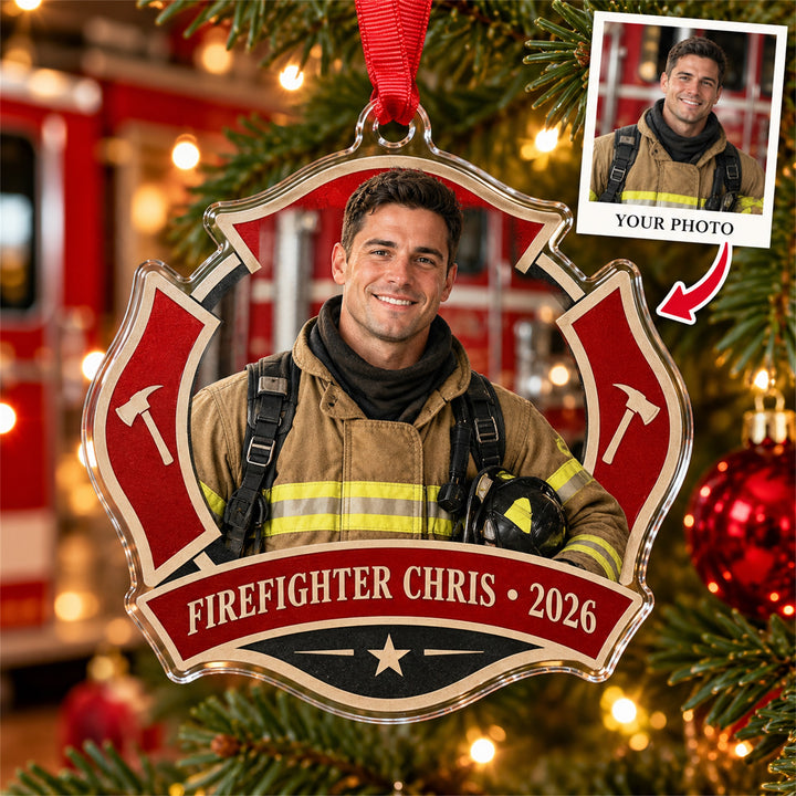 Personalized Firefighter Photo Acrylic Ornament - Custom Christmas Keepsake - image 1