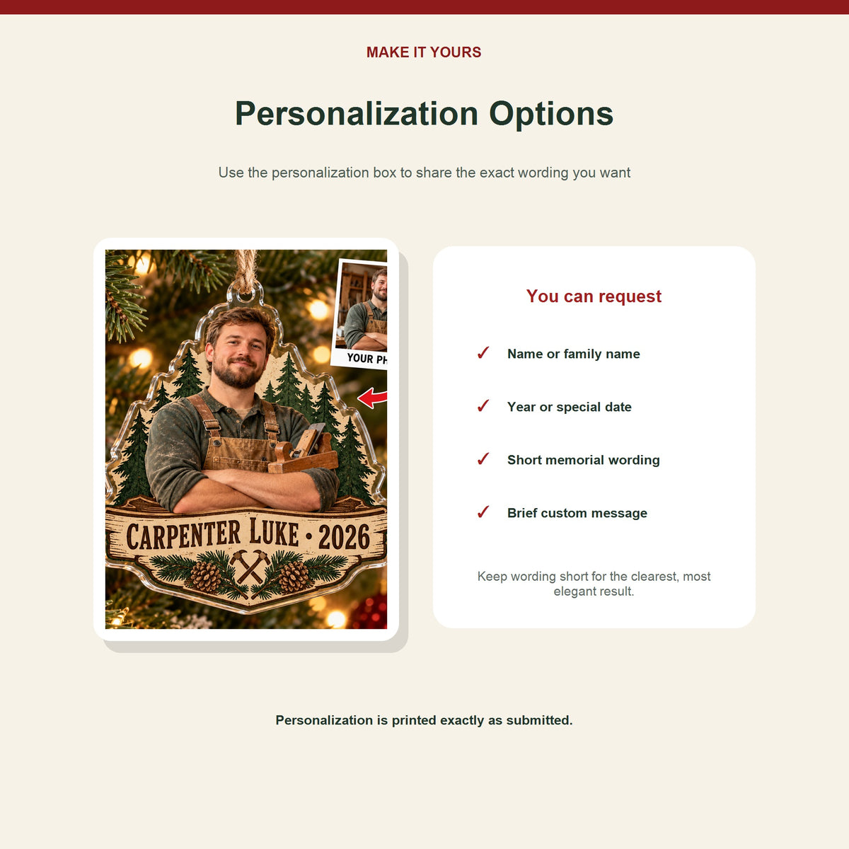 Personalized Carpenter Photo Acrylic Ornament - Custom Christmas Keepsake - image 7