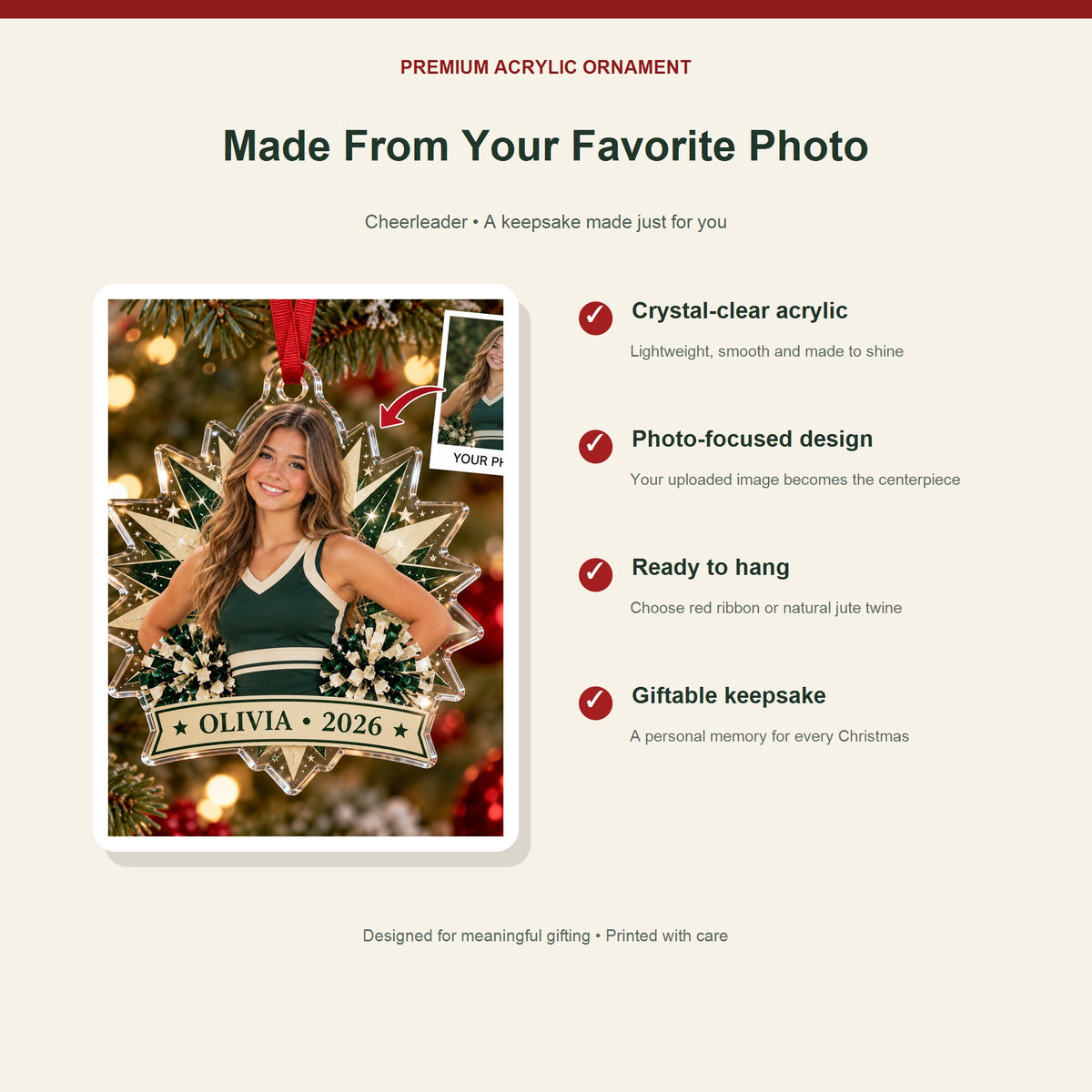 Personalized Cheerleader Photo Acrylic Ornament - Custom Athlete Christmas Keepsake - image 2