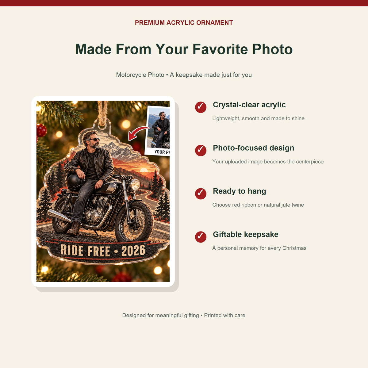 Personalized Motorcycle Photo Acrylic Ornament - Custom Photo Keepsake - image 2