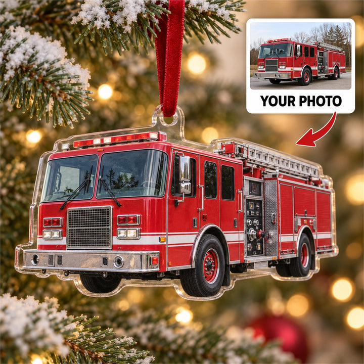 Custom Fire Truck Photo Acrylic Ornament - Personalized Vehicle Christmas Keepsake - image 1