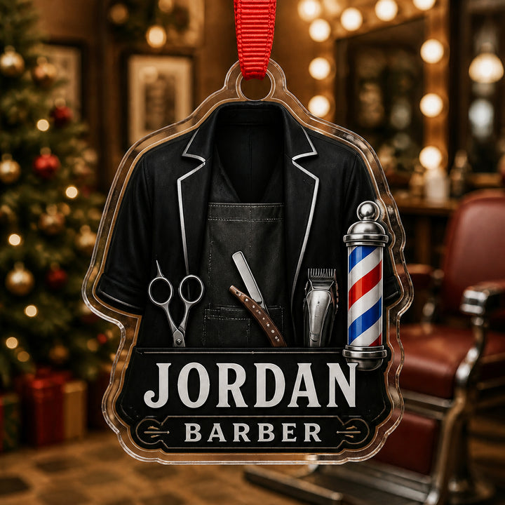 Personalized Barber Hairstylist Apron Acrylic Ornament - Custom Name Christmas Keepsake - image 1