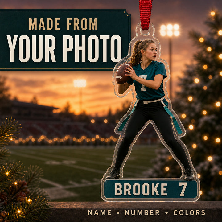 Personalized Girls Flag Football Photo Acrylic Ornament - Custom Athlete Christmas Keepsake - image 1