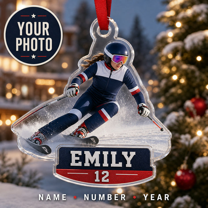 Personalized Ski Snowboard Photo Acrylic Ornament - Custom Athlete Christmas Keepsake - image 1