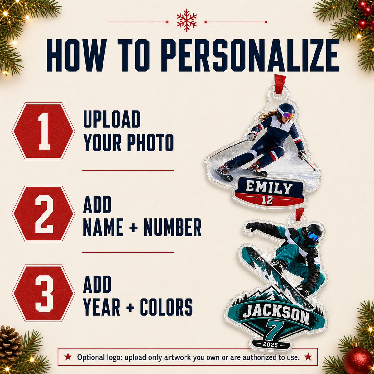 Personalized Ski Snowboard Photo Acrylic Ornament - Custom Athlete Christmas Keepsake - image 5