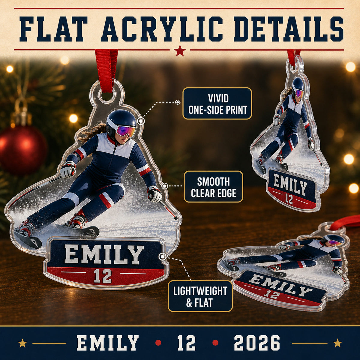 Personalized Ski Snowboard Photo Acrylic Ornament - Custom Athlete Christmas Keepsake - image 6