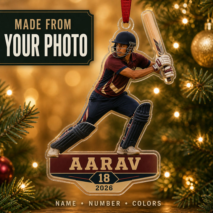 Personalized Cricket Photo Acrylic Ornament - Custom Athlete Christmas Keepsake - image 1