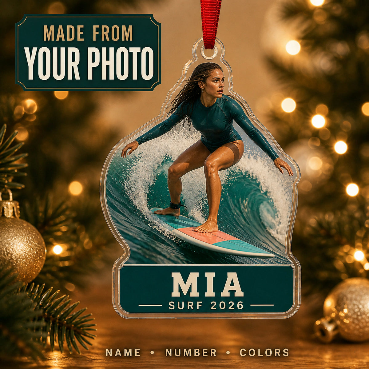 Personalized Surfing Photo Acrylic Ornament - Custom Athlete Christmas Keepsake - image 1