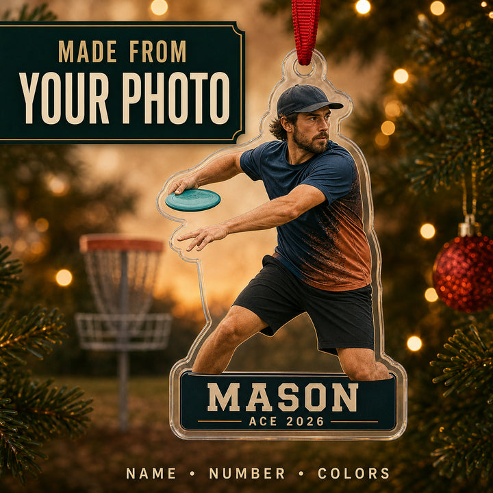 Personalized Disc Golf Photo Acrylic Ornament - Custom Athlete Christmas Keepsake - image 1