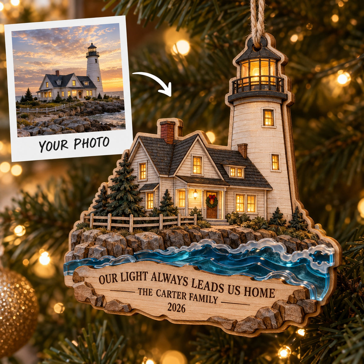 Personalized Lighthouse Keepers Christmas Wood Ornament - Custom Keepsake - image 1
