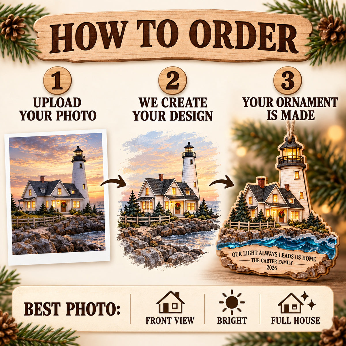Personalized Lighthouse Keepers Christmas Wood Ornament - Custom Keepsake - image 5