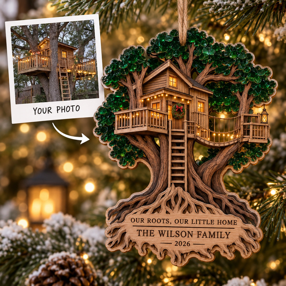 Personalized Rooted Together Treehouse Wood Ornament - Custom Keepsake - image 1