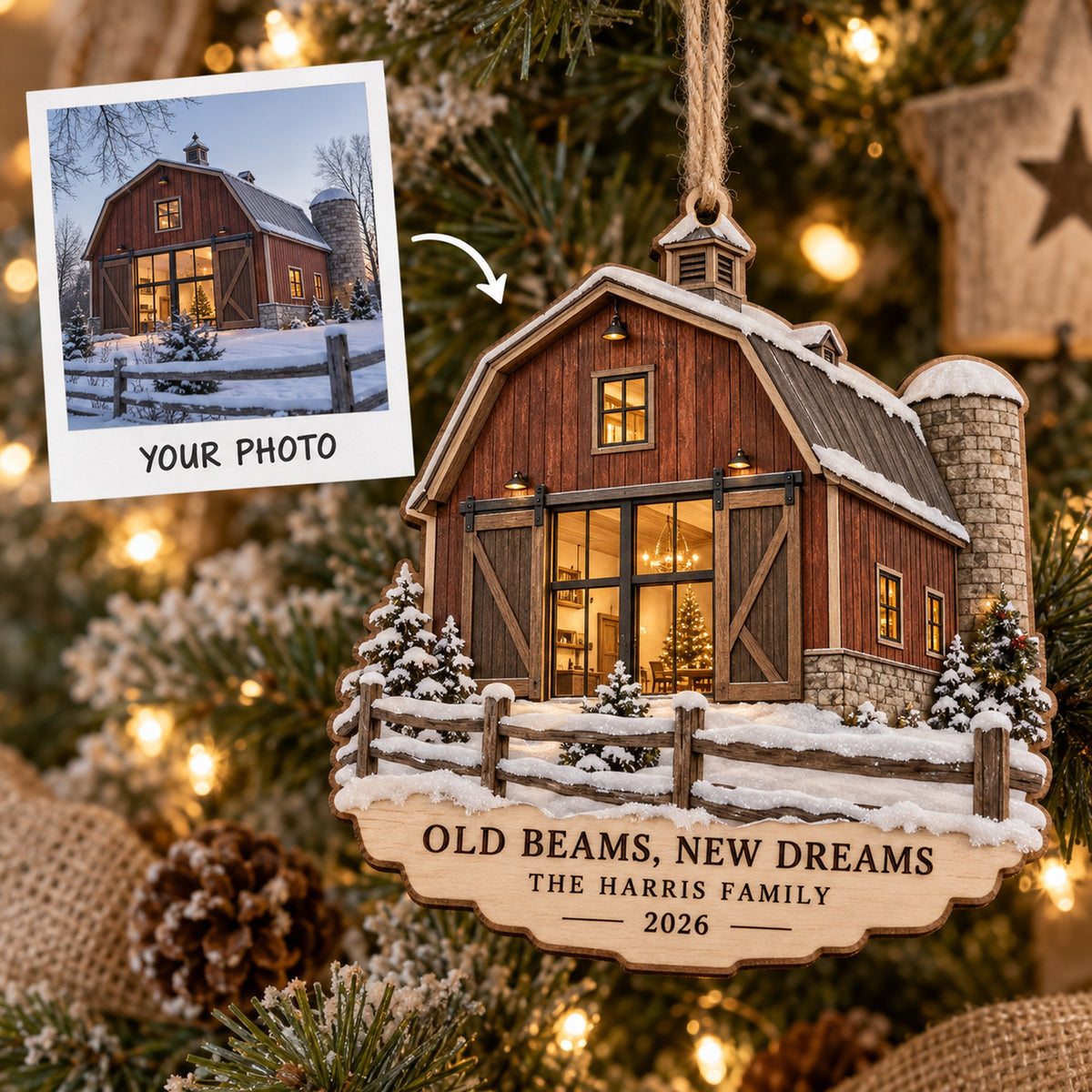 Personalized Old Beams New Dreams Wood Ornament - Custom Keepsake - image 1