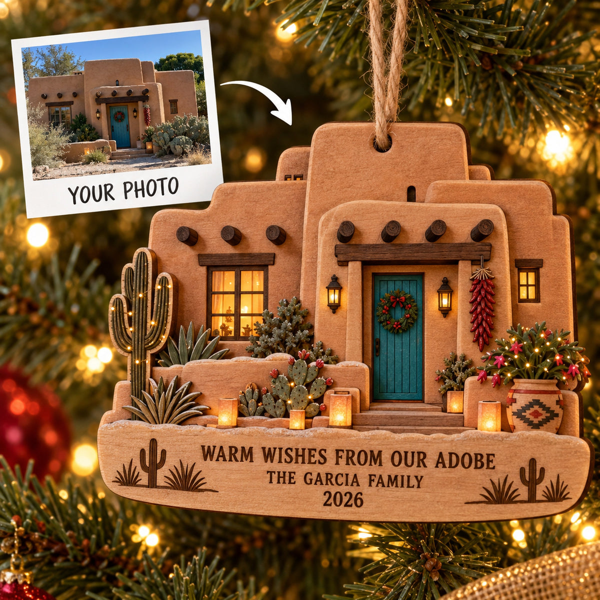 Personalized Southwest Adobe Christmas Wood Ornament - Custom Keepsake - image 1