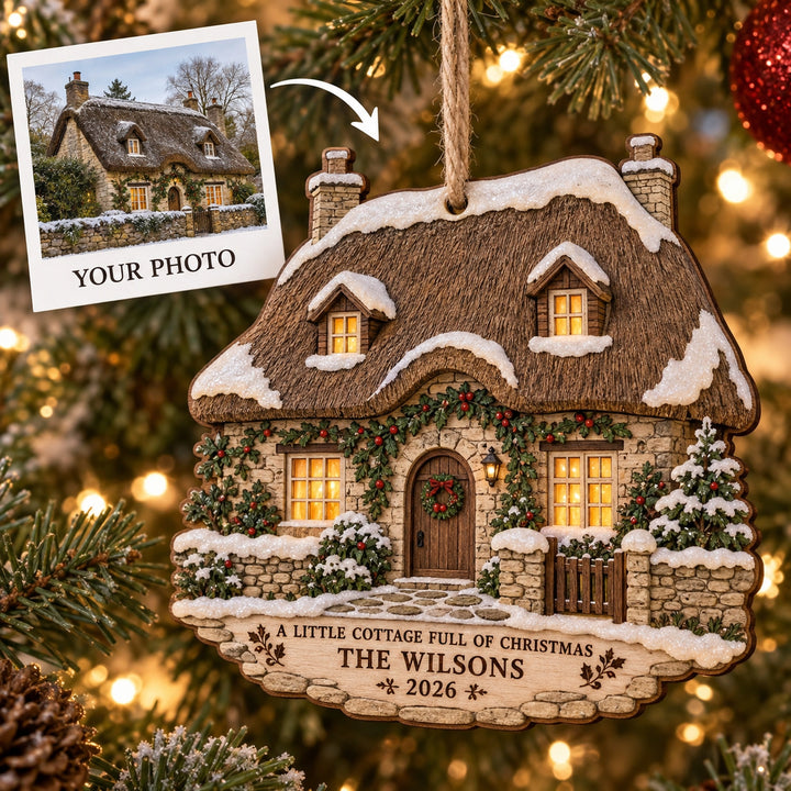 Personalized English Thatched Cottage Wood Ornament - Custom Keepsake - image 1