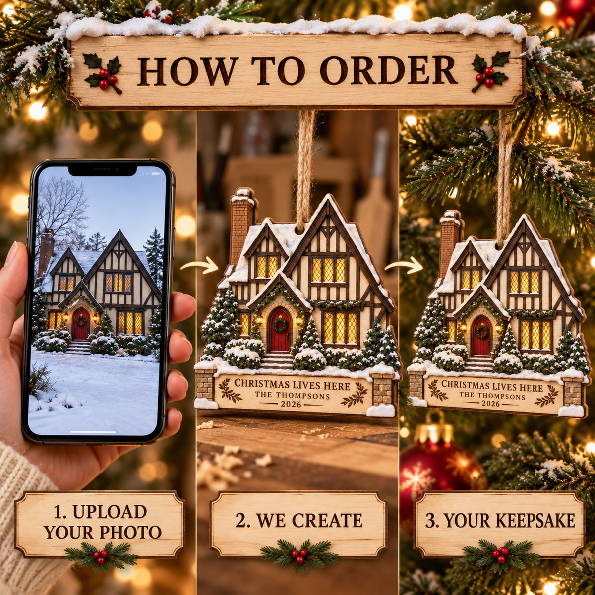 Personalized Tudor Storybook Christmas Wood Ornament - Custom Keepsake - image 4