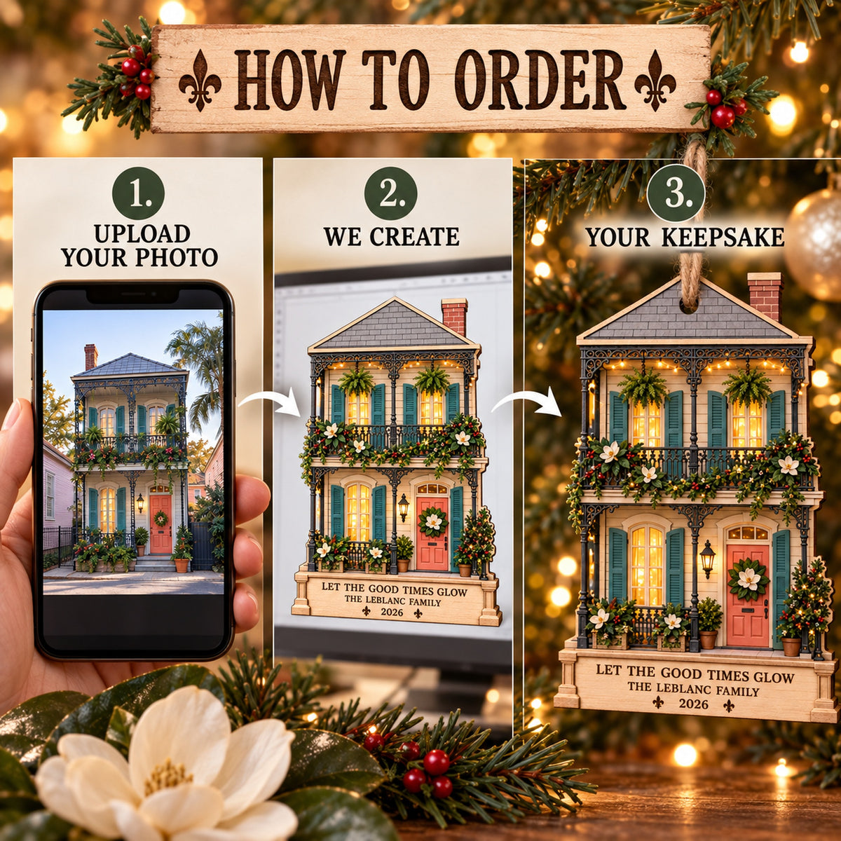Personalized New Orleans Creole Cottage Wood Ornament - Custom Keepsake - image 4