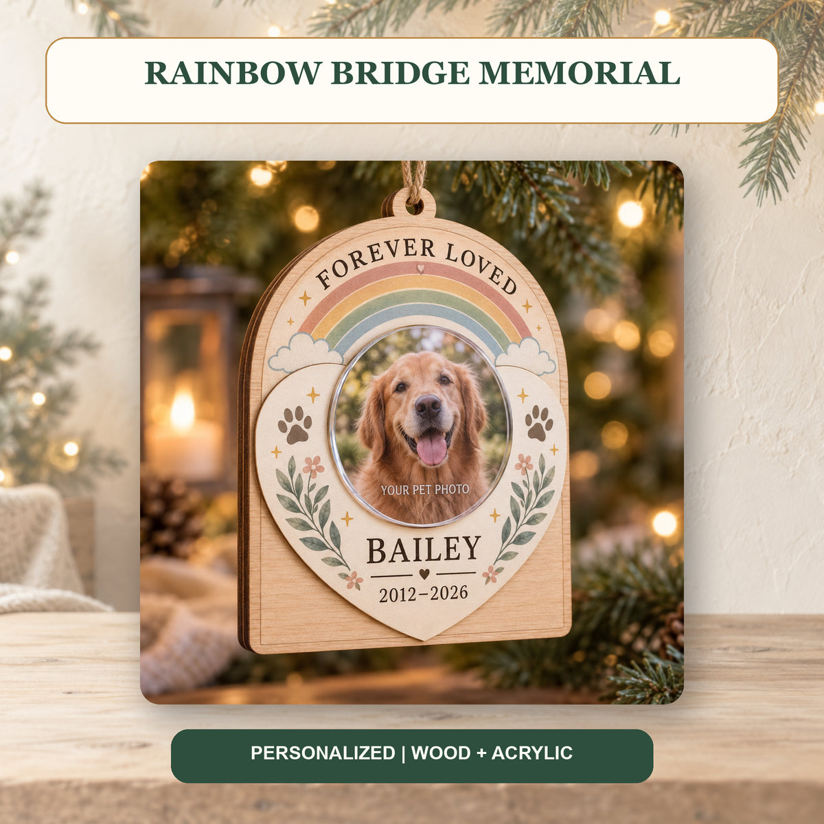 Personalized Pet Memorial Rainbow Wood Ornament - Custom Keepsake - image 2