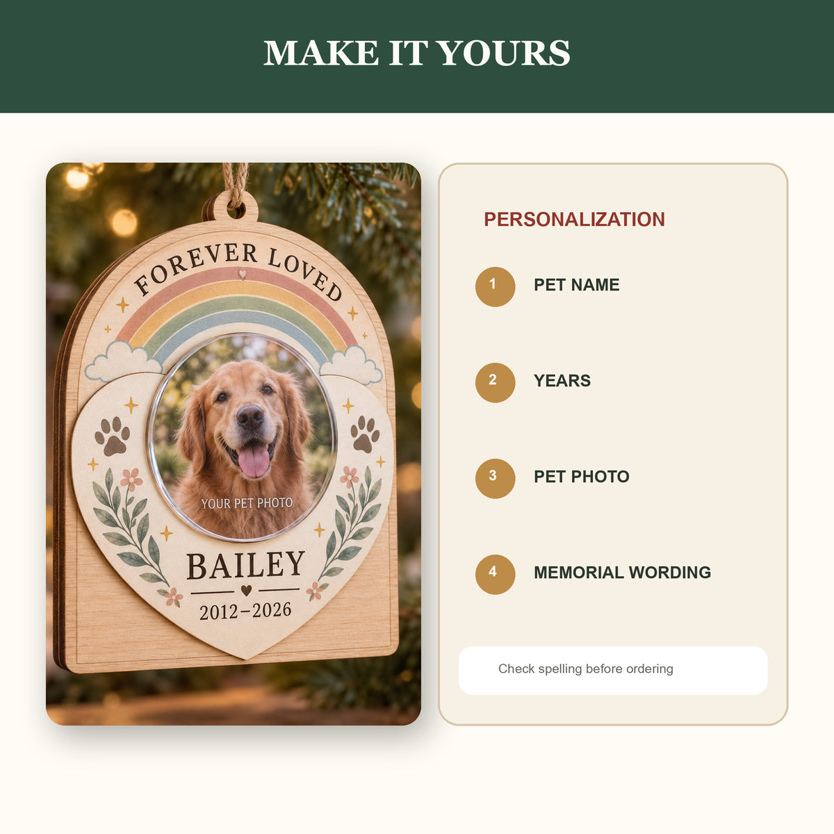 Personalized Pet Memorial Rainbow Wood Ornament - Custom Keepsake - image 5