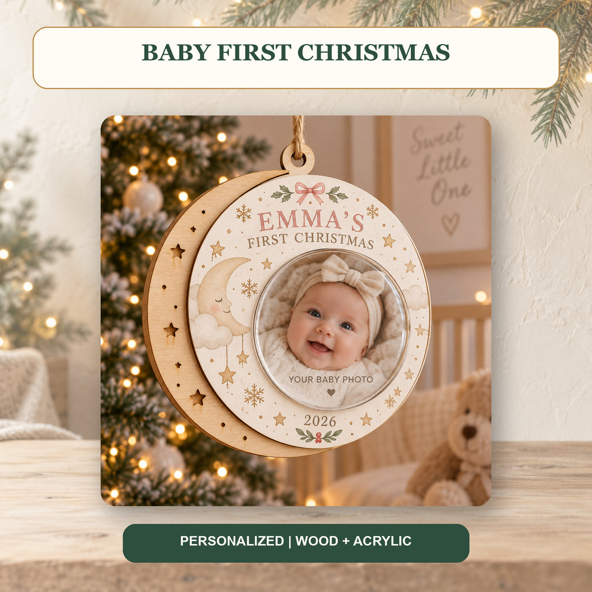 Personalized Baby First Christmas Wood Ornament - Custom Keepsake - image 2