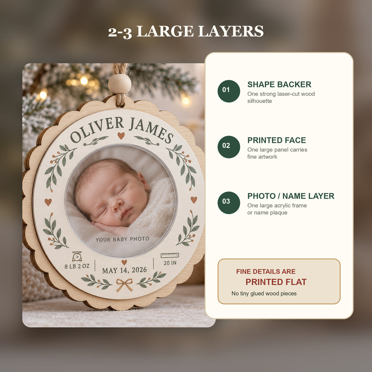 Personalized Baby Birth Stats Wood Ornament - Custom Keepsake - image 3