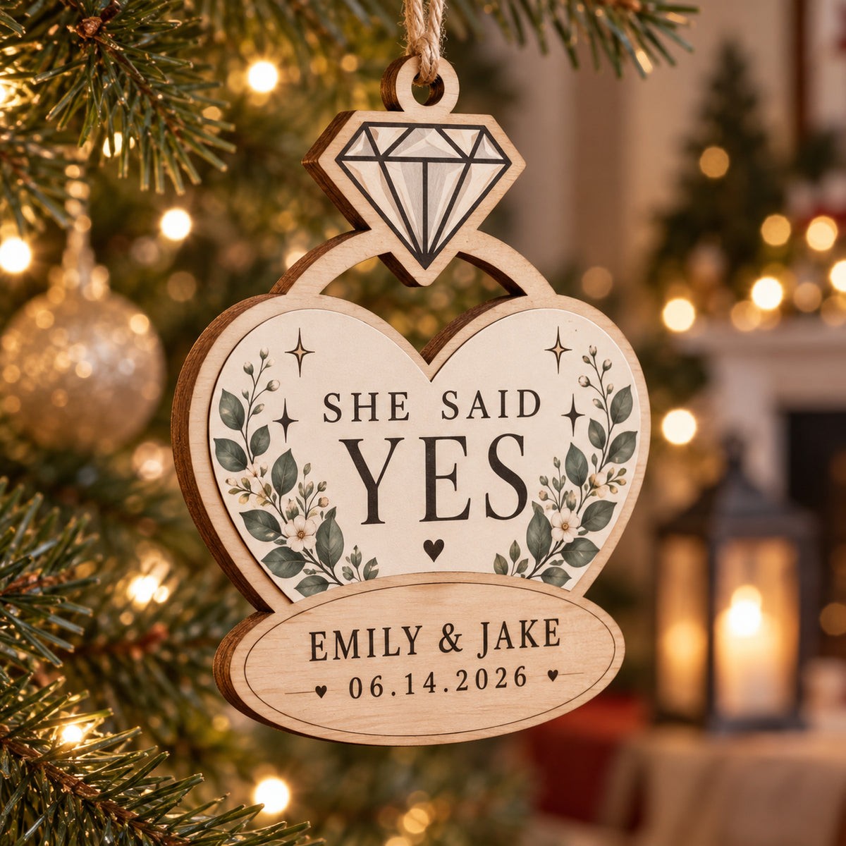 Personalized Engagement Ring Wood Ornament - Custom Keepsake - image 1