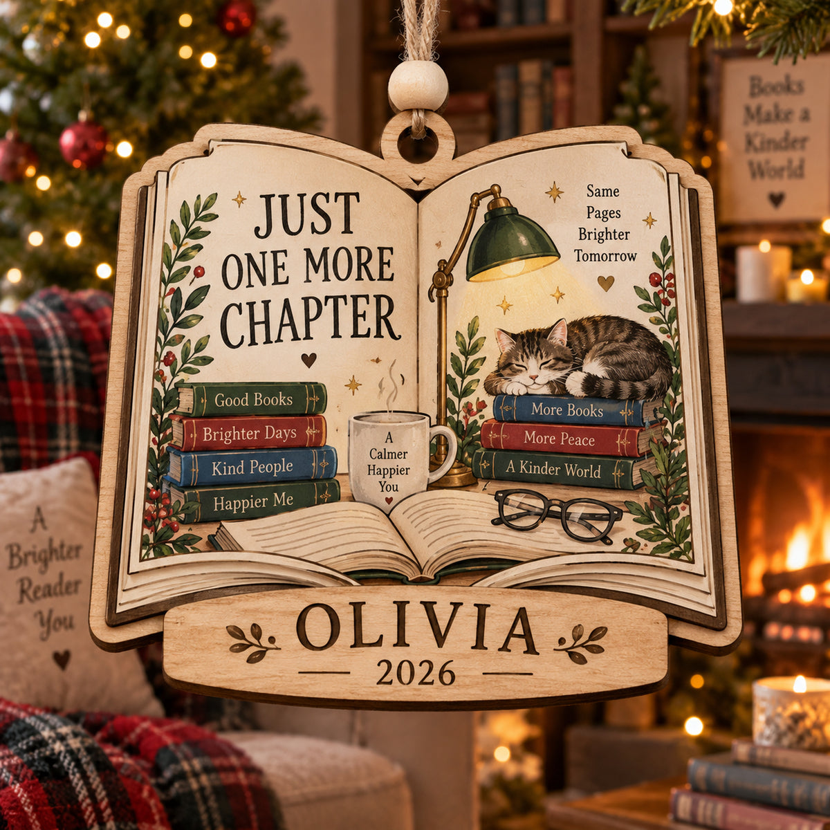 Personalized Book Lover Wood Ornament - Custom Keepsake - image 1