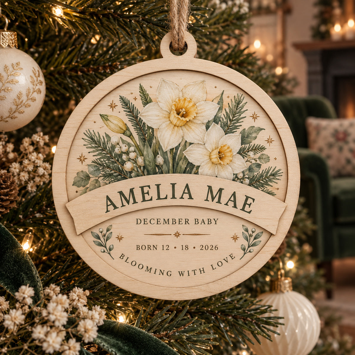 Personalized Birth Flower Wreath Wood Ornament - Custom Keepsake - image 1