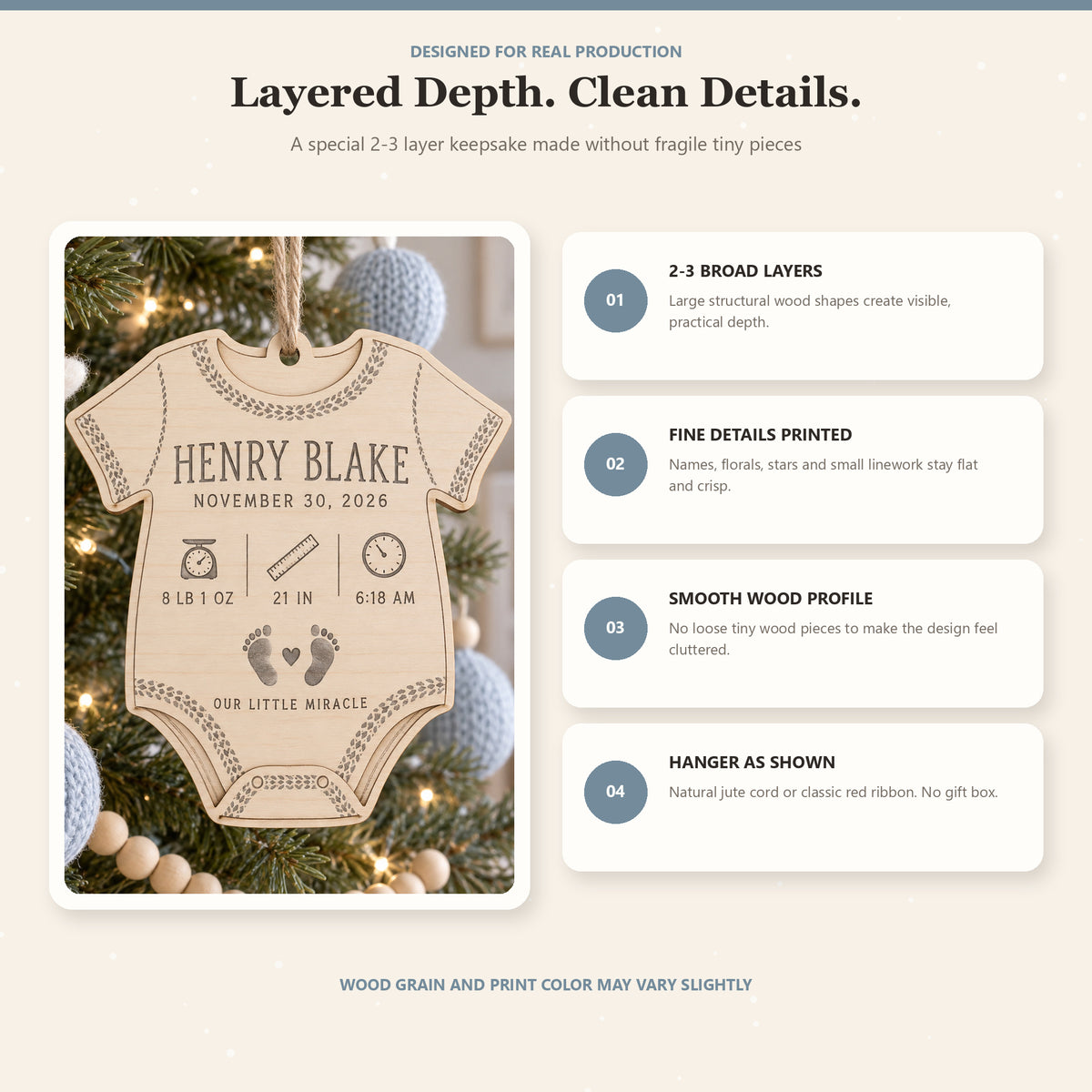 Personalized Onesie Birth Stats Wood Ornament - Custom Keepsake - image 4