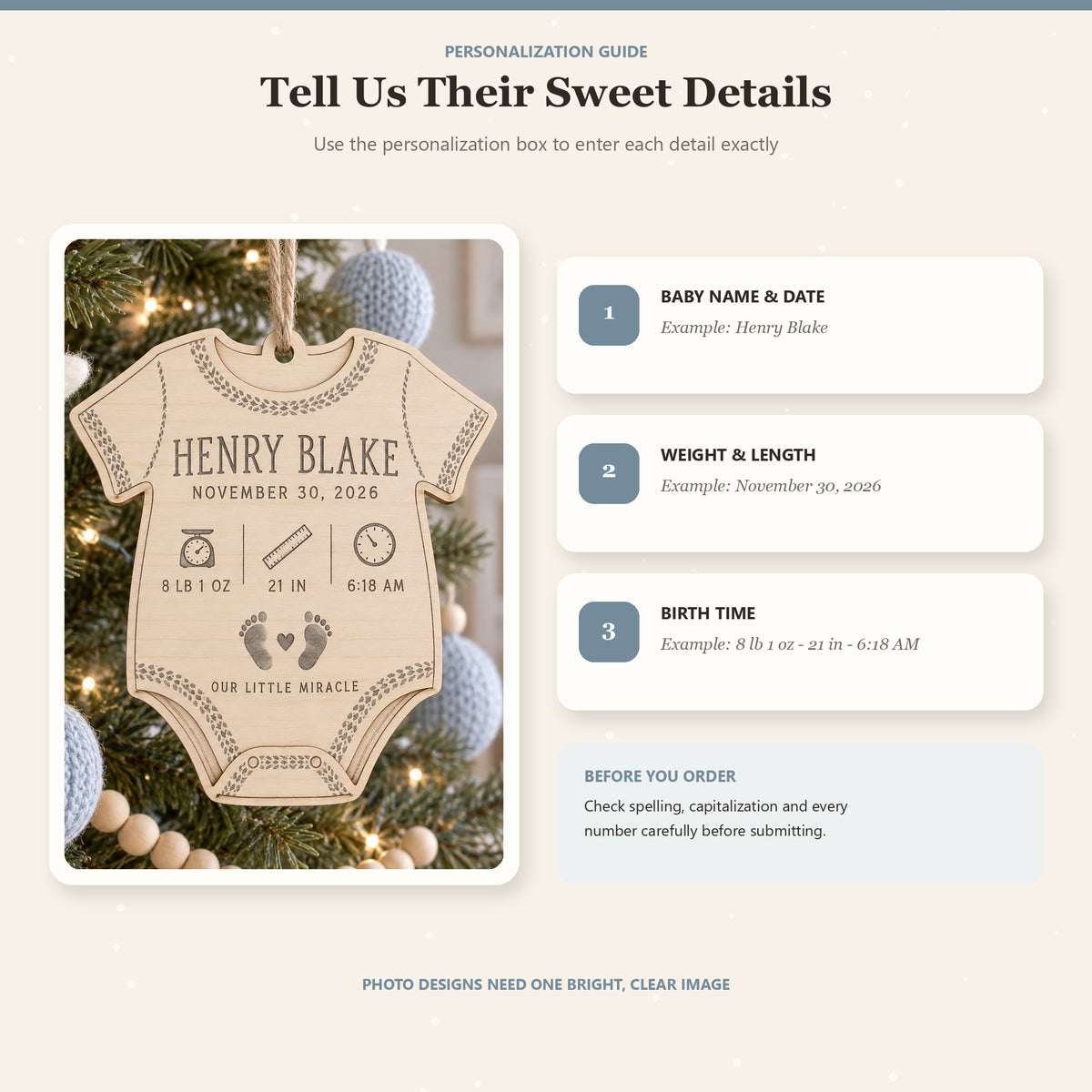 Personalized Onesie Birth Stats Wood Ornament - Custom Keepsake - image 5