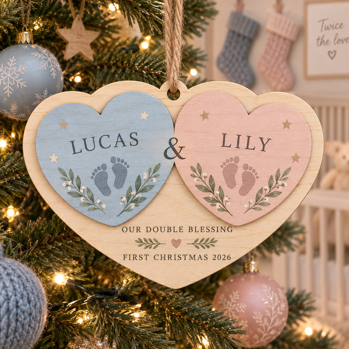 Personalized Twin Double Blessing Wood Ornament - Custom Keepsake - image 1