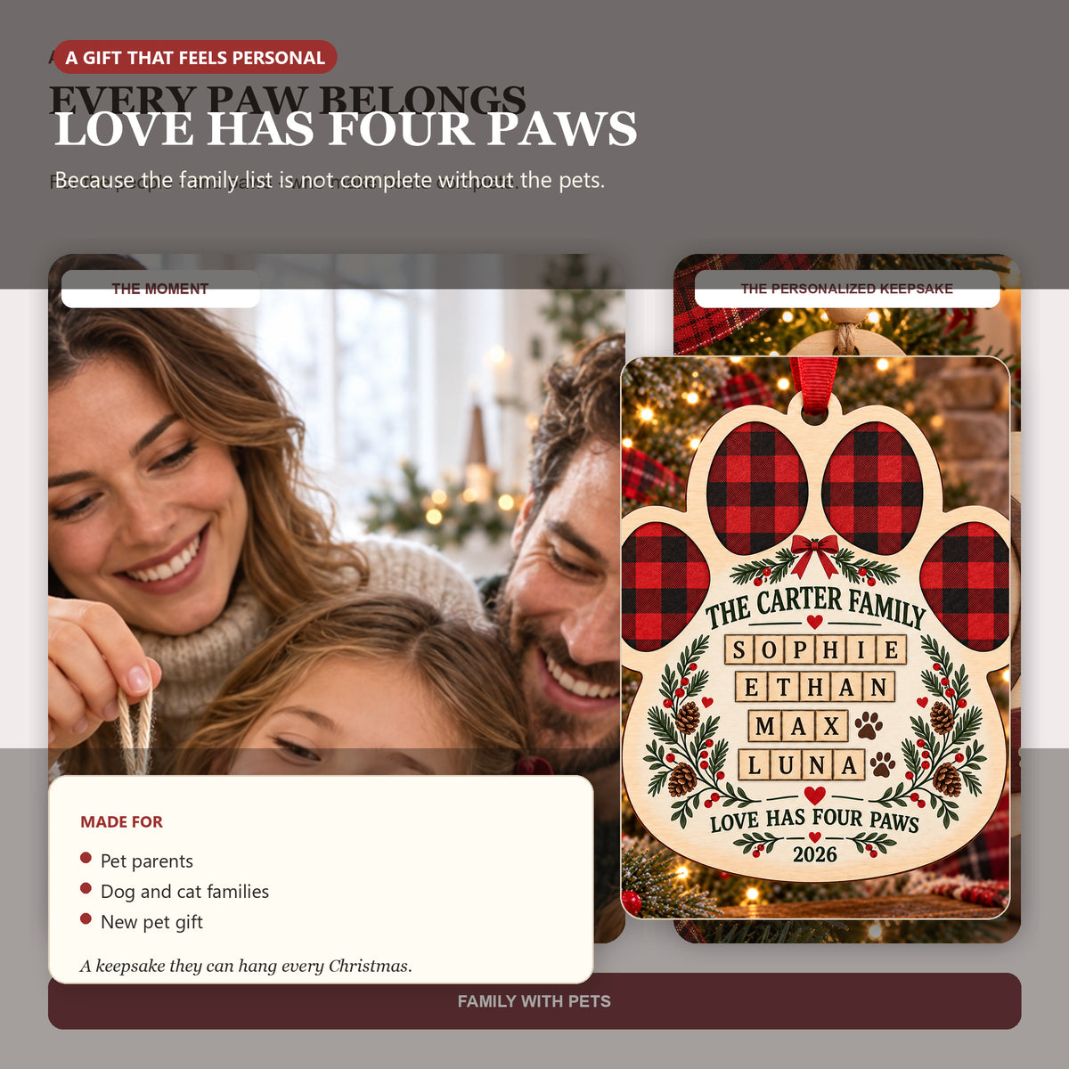 Personalized Family With Pets Wood Ornament - Custom Keepsake - image 3