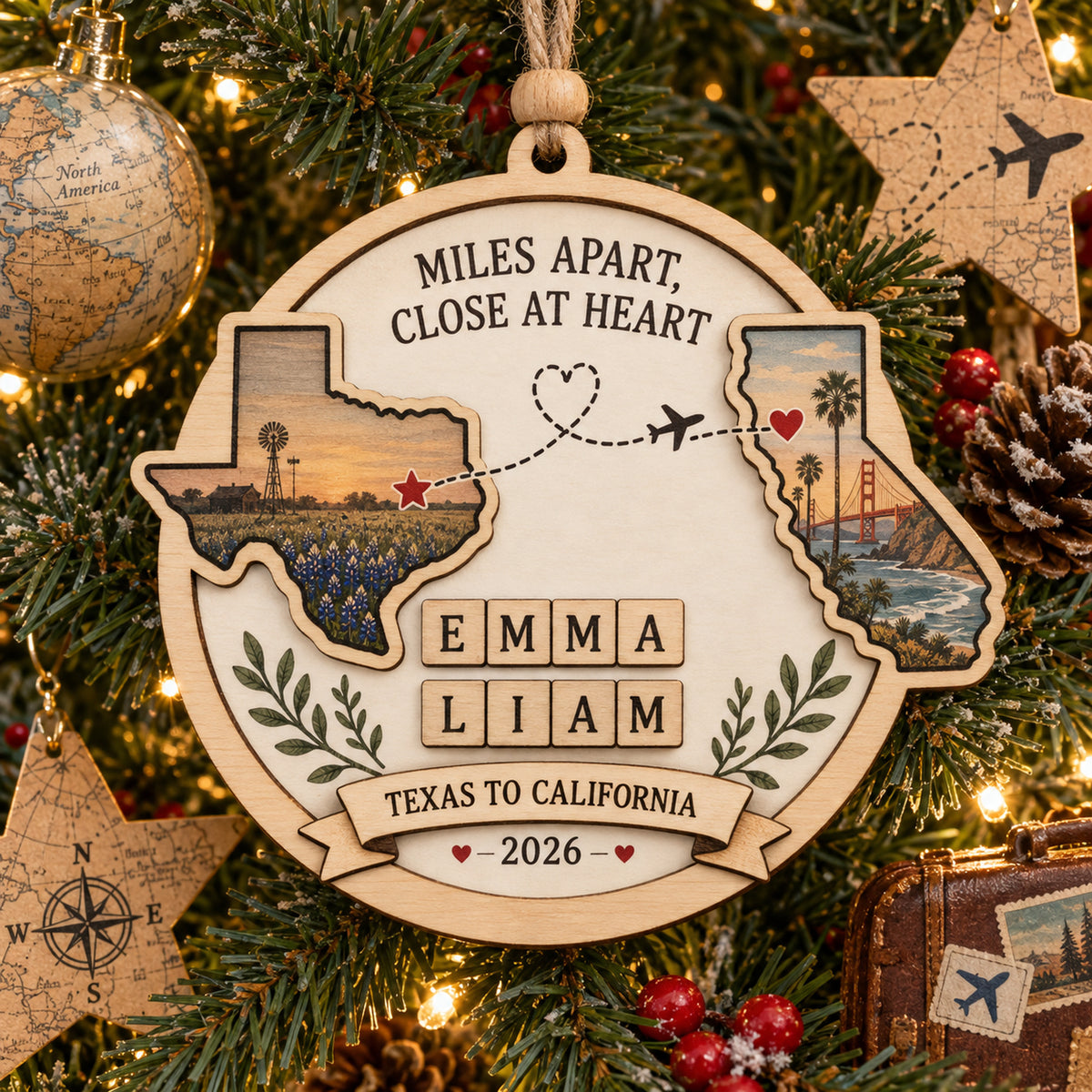 Personalized Long Distance Family Wood Ornament - Custom Keepsake - image 1