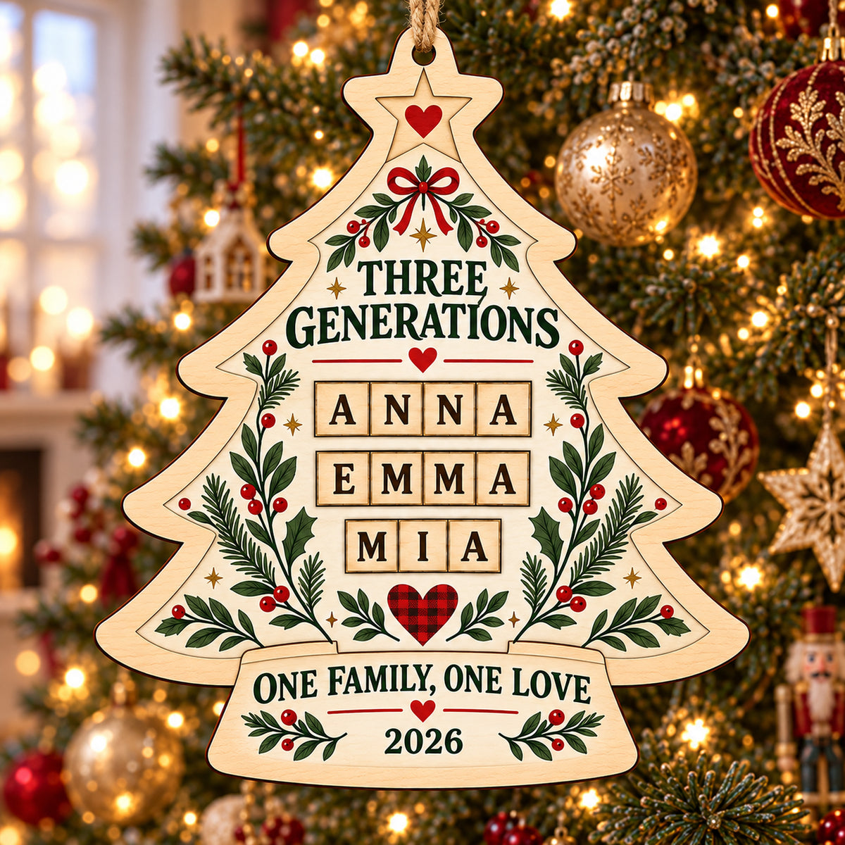 Personalized Three Generations Wood Ornament - Custom Keepsake - image 1
