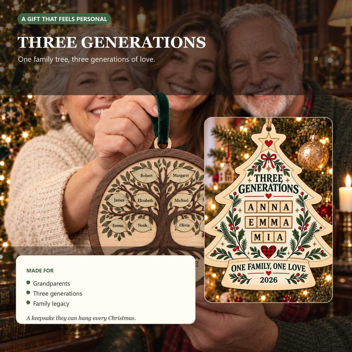 Personalized Three Generations Wood Ornament - Custom Keepsake - image 3