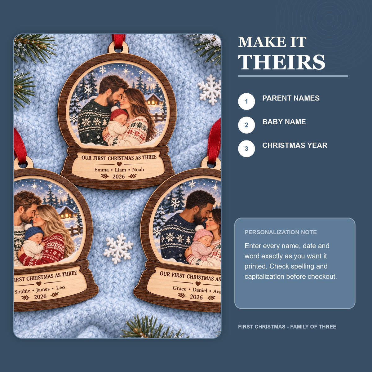 Personalized First Christmas Family Of Three Wood Ornament - Custom Keepsake - image 5