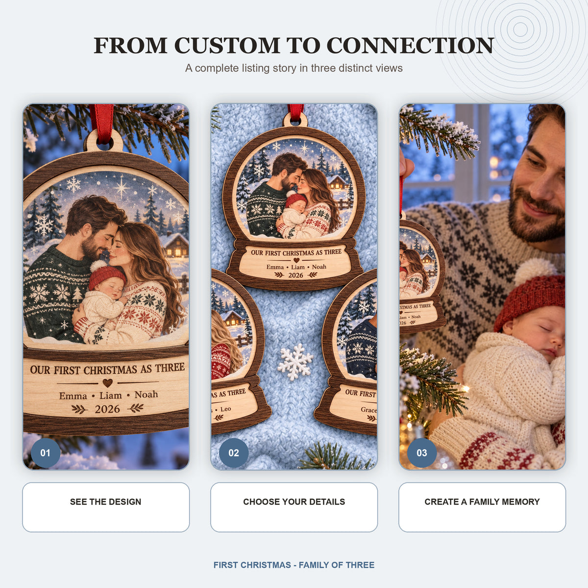 Personalized First Christmas Family Of Three Wood Ornament - Custom Keepsake - image 7
