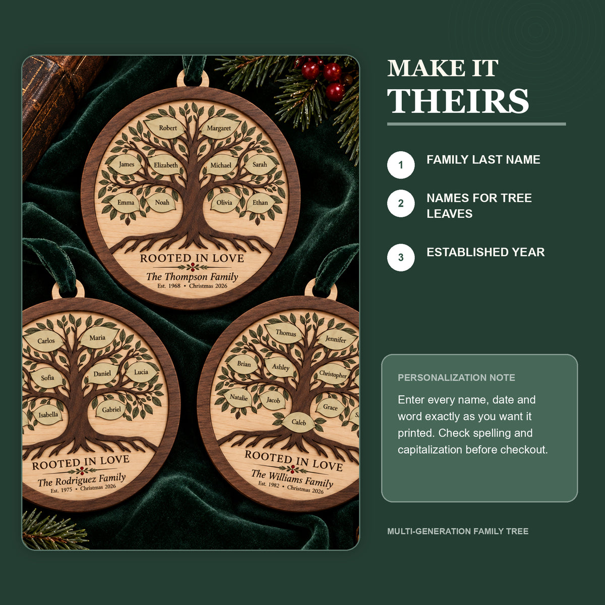 Personalized Multi Generation Family Tree Wood Ornament - Custom Keepsake - image 5