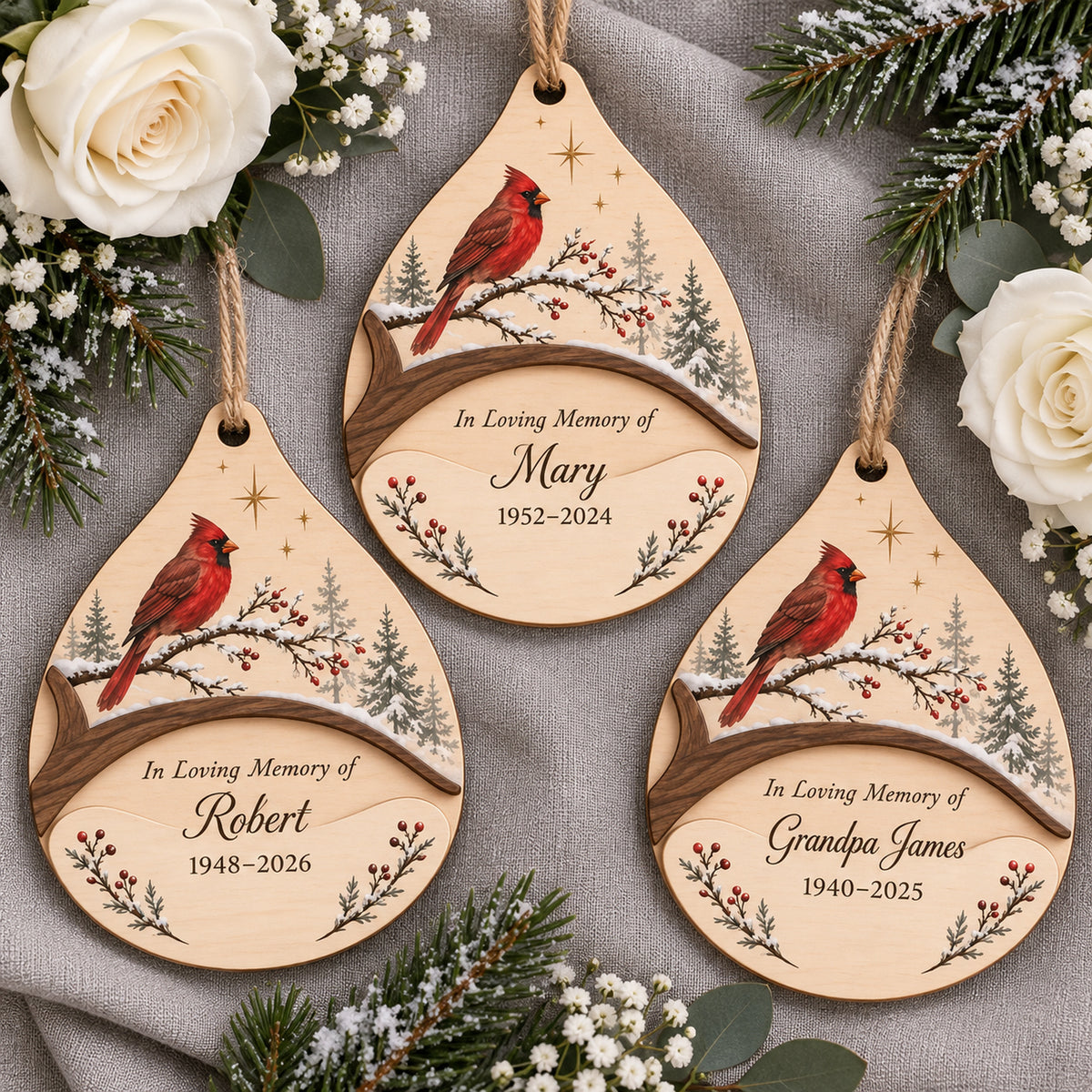 Personalized Family Memorial Cardinal Wood Ornament - Custom Keepsake - image 2