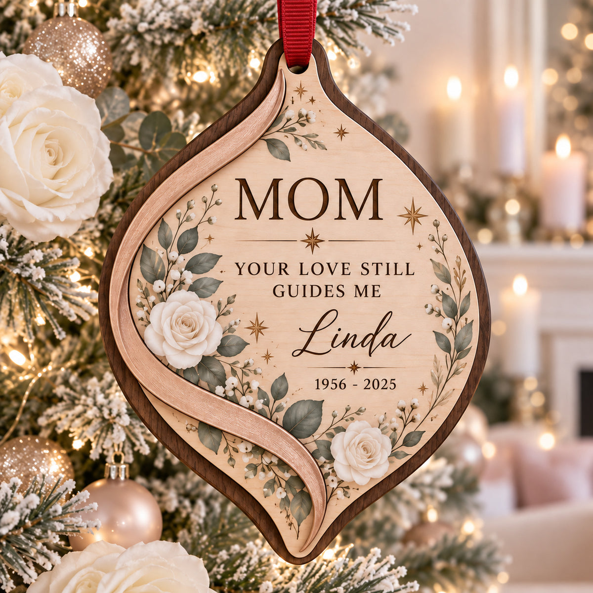 Personalized Loss Of Mom White Rose Wood Ornament - Custom Keepsake - image 1