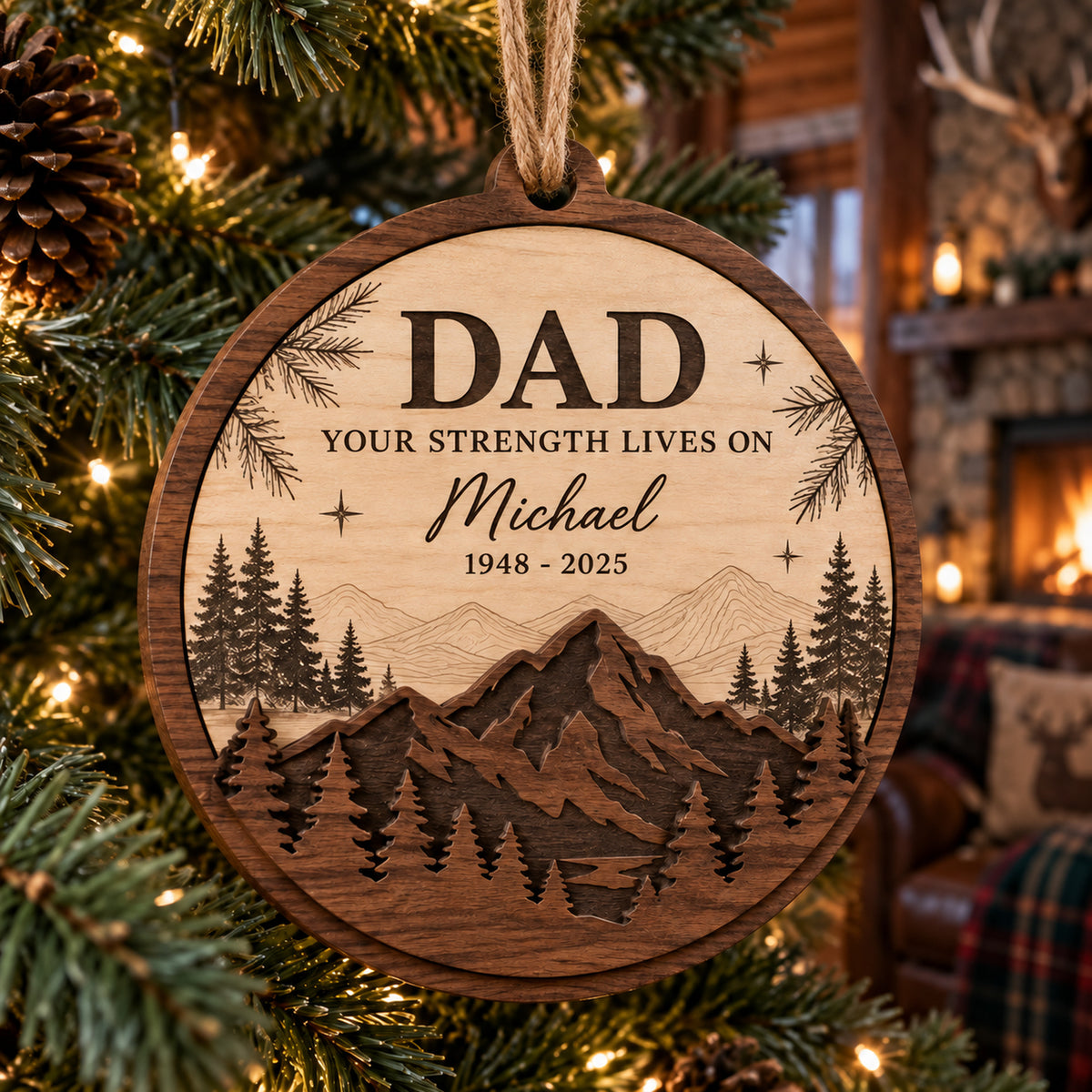 Personalized Loss Of Dad Mountain Forest Wood Ornament - Custom Keepsake - image 1